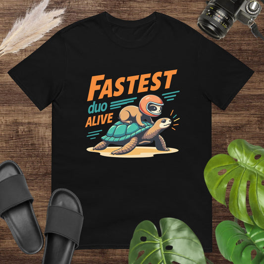 Unisex t-shirt featuring a turtle and a sloth with a funny speed-themed slogan.
