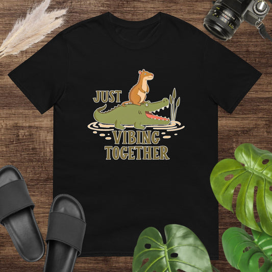 Unisex t-shirt featuring a crocodile and small companion with a relaxed friendship slogan.