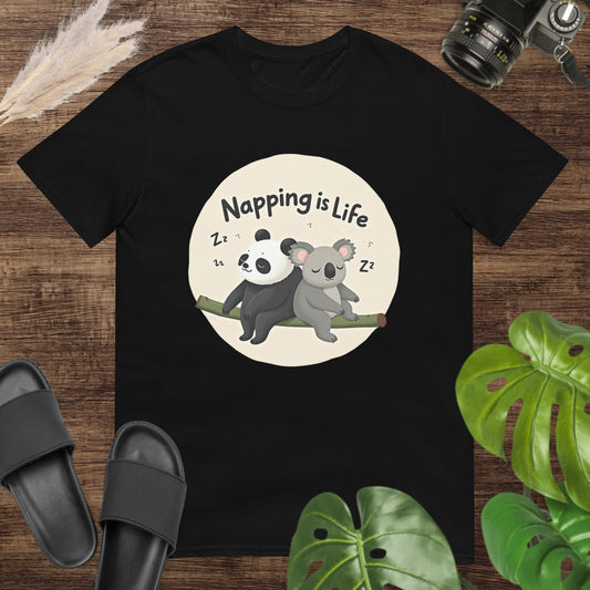 Unisex t-shirt featuring a panda and koala on a branch with a napping slogan.