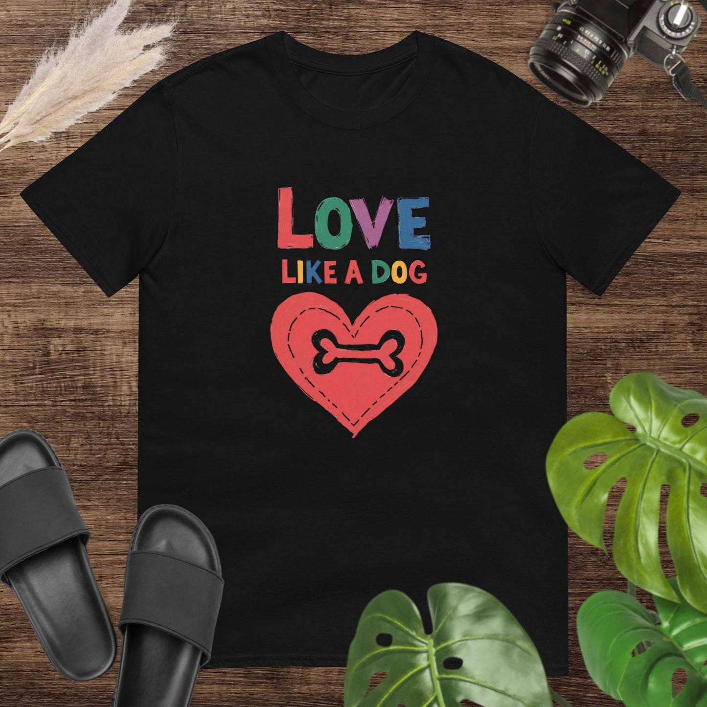 Black t-shirt featuring a colorful heart and bone graphic with the text "Love like a dog"