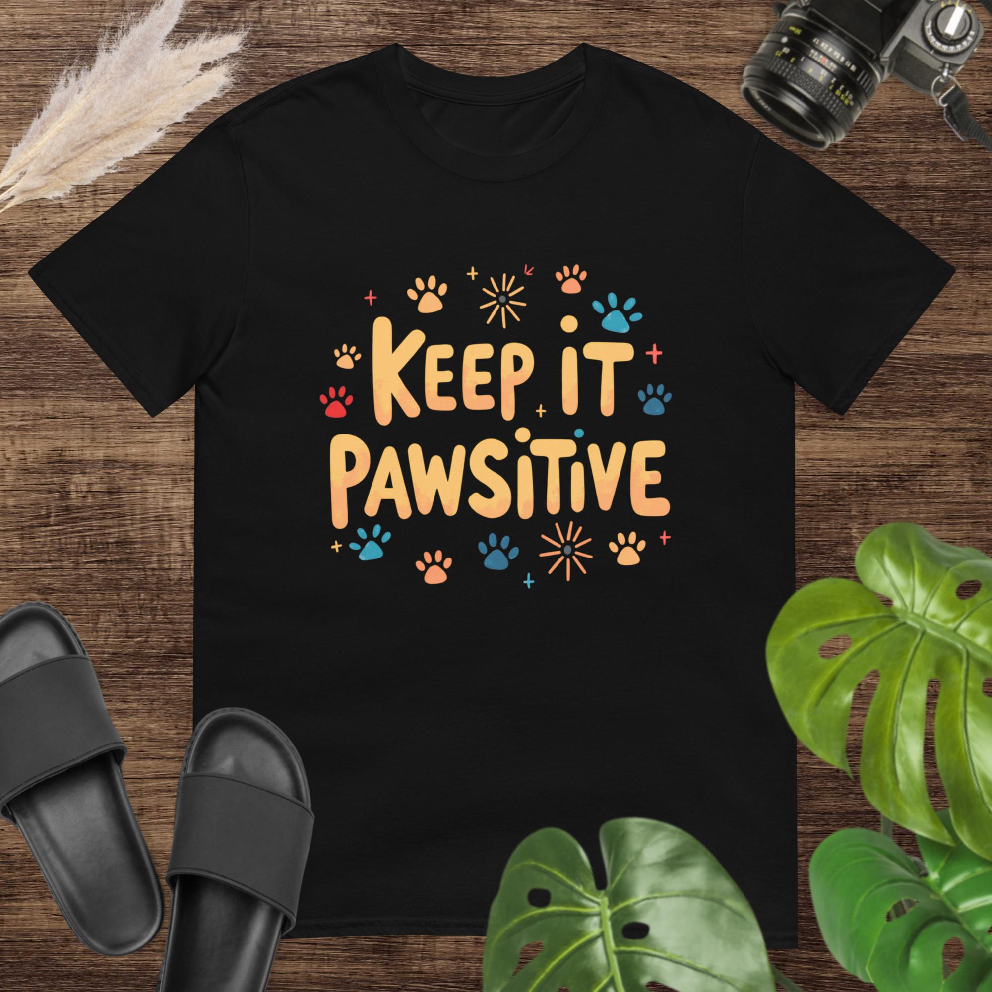 Black t-shirt featuring colorful paw prints with the text "Keep it Pawsitive"