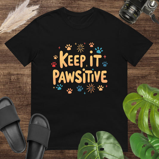 Unisex t-shirt featuring colorful paw prints and a positive pet lover slogan.