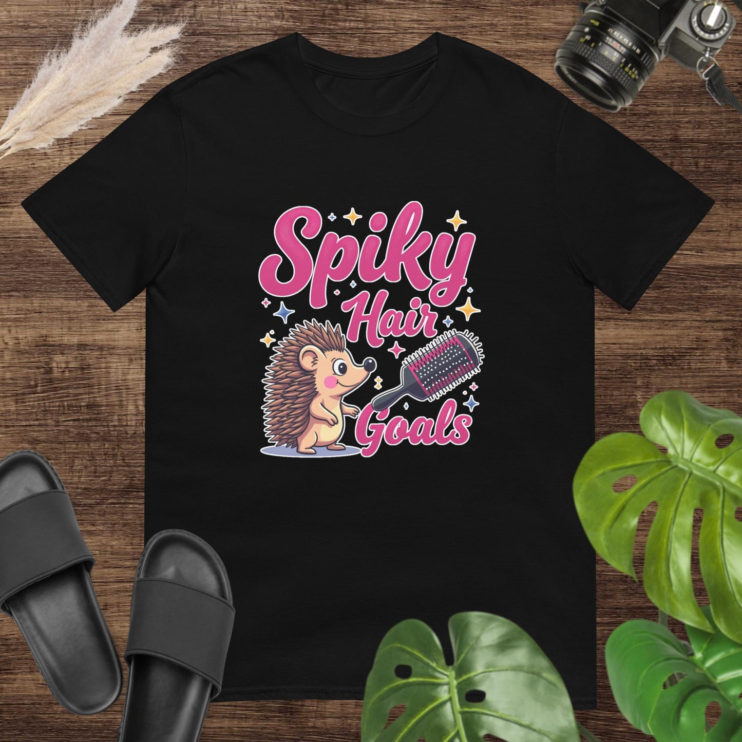 Unisex t-shirt featuring a hedgehog, hairbrush, and beauty-themed slogan.