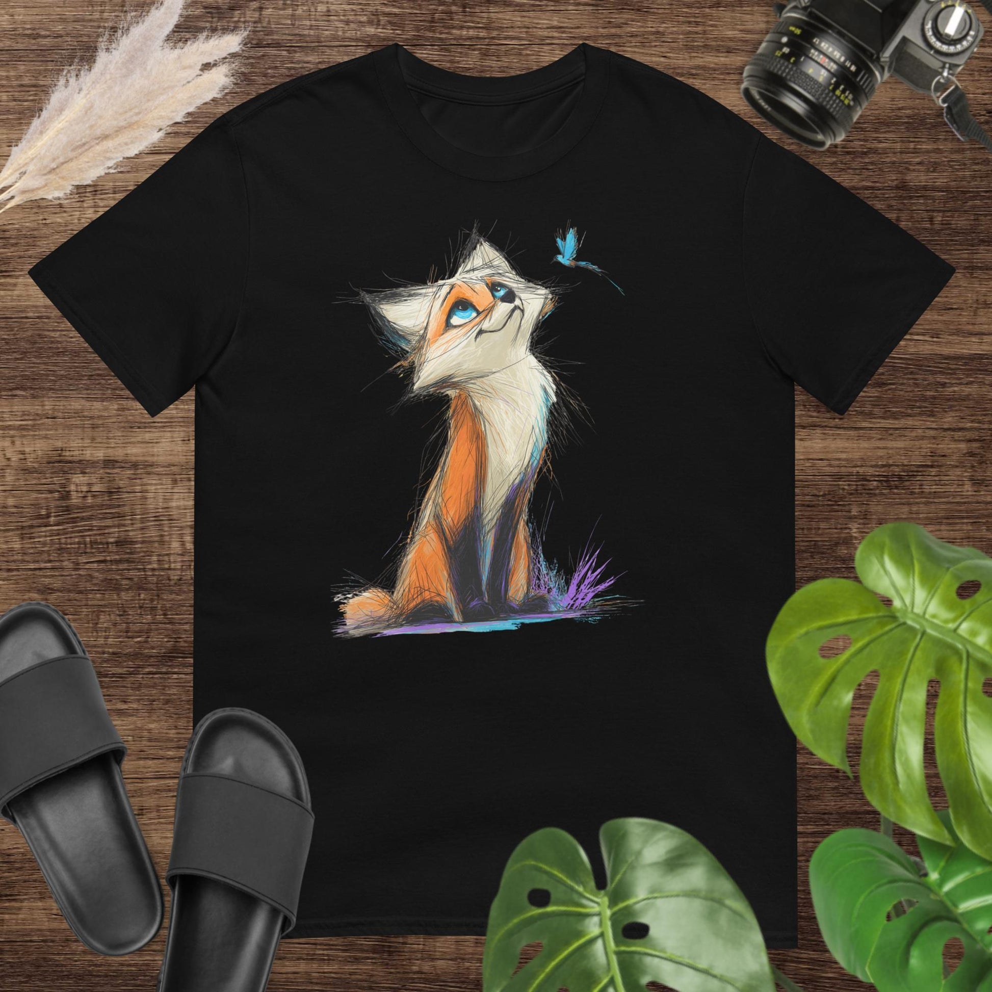 Unisex t-shirt featuring a hand-drawn fox and butterfly in a whimsical woodland style.