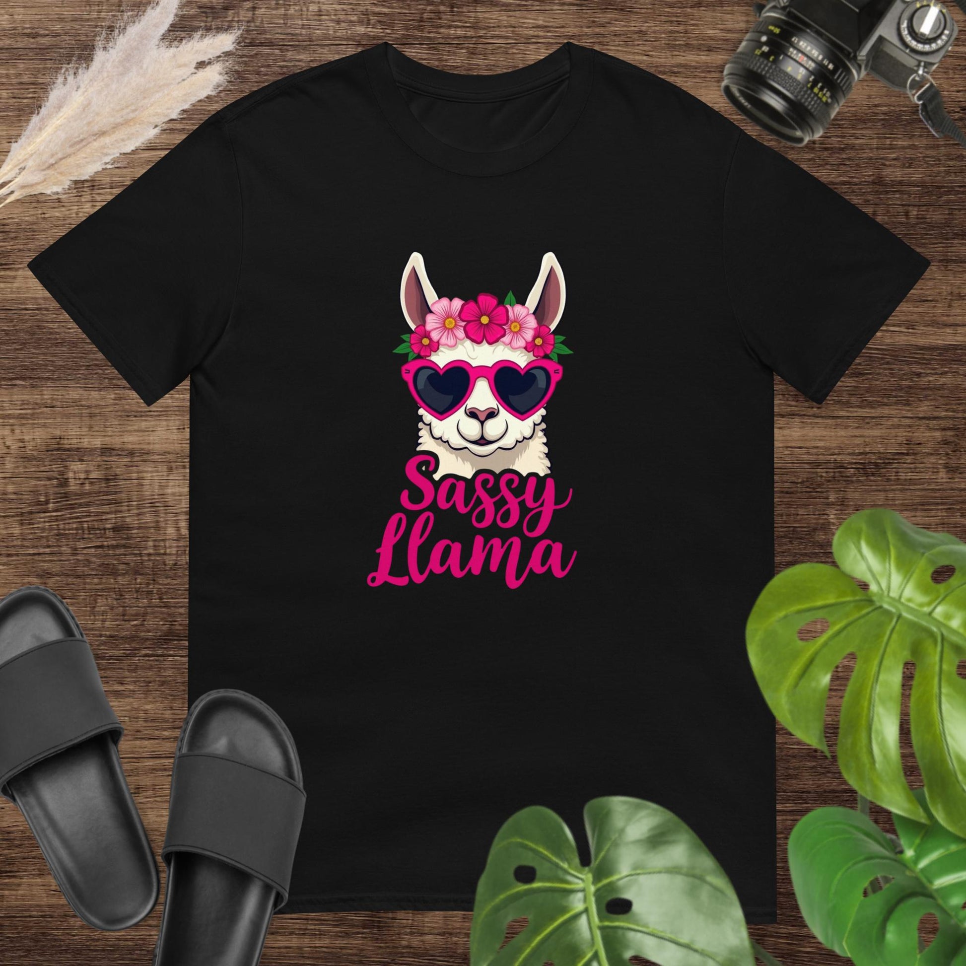 Black t-shirt featuring a llama with heart sunglasses and a flower crown with the words “Sassy Llama.”