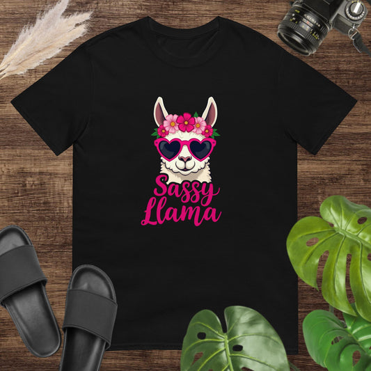 Black t-shirt featuring a llama with heart sunglasses and a flower crown with the words “Sassy Llama.”
