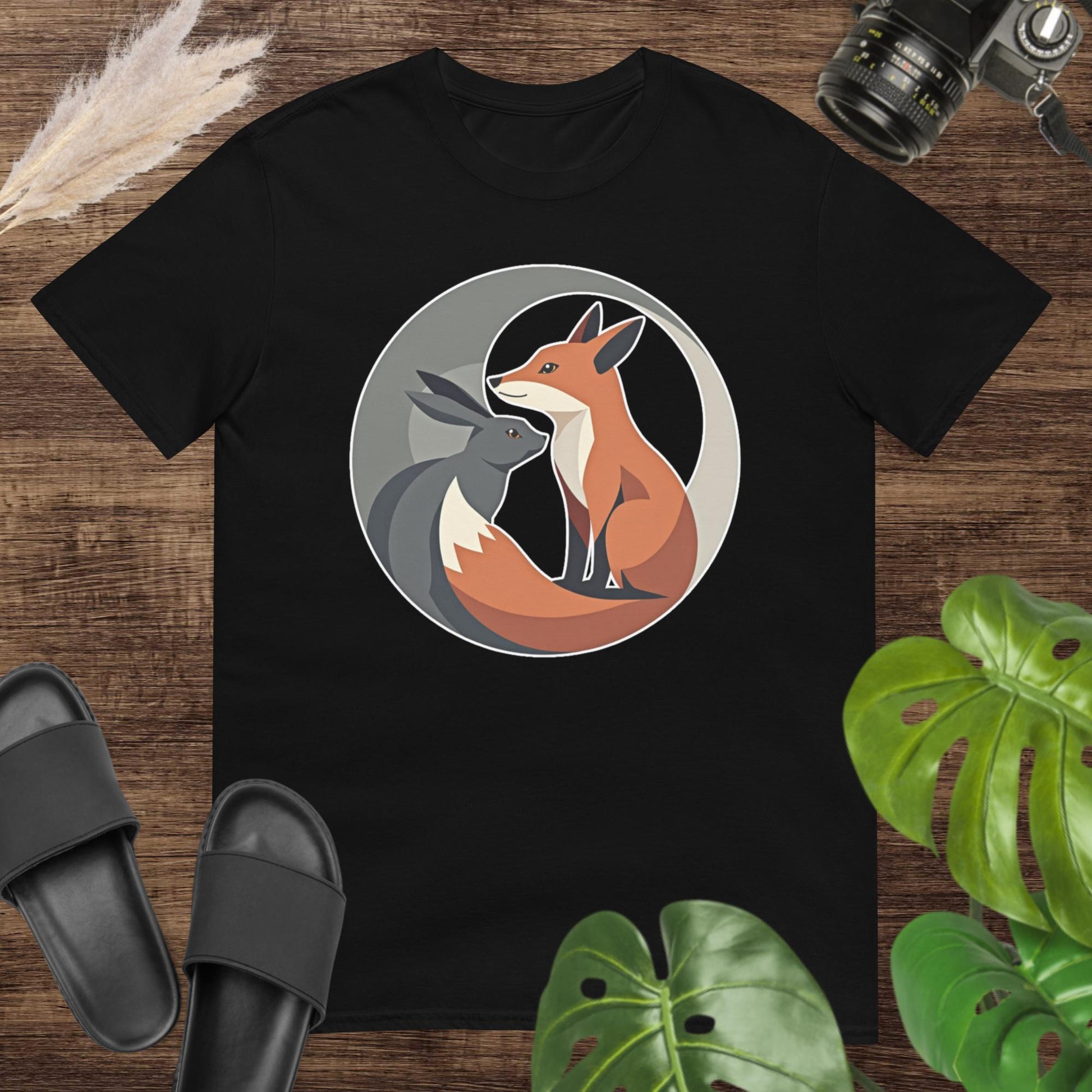 Elegant black t-shirt featuring a fox and hare with a clean and balanced circular style.
