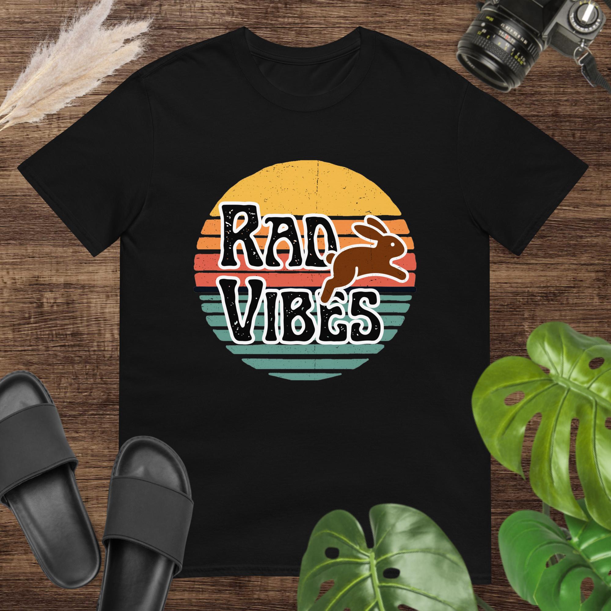Black vintage sunset style t-shirt with a running rabbit ant the text Rad Vibes