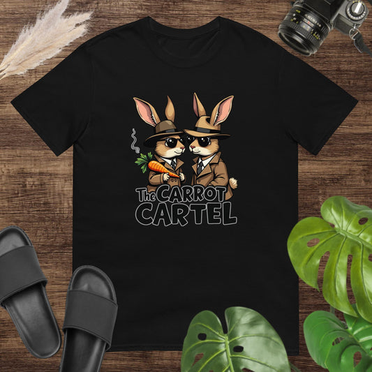 Black t-shirt featuring two funny rabbit detectives with a steamed carrot and text The carrot cartel