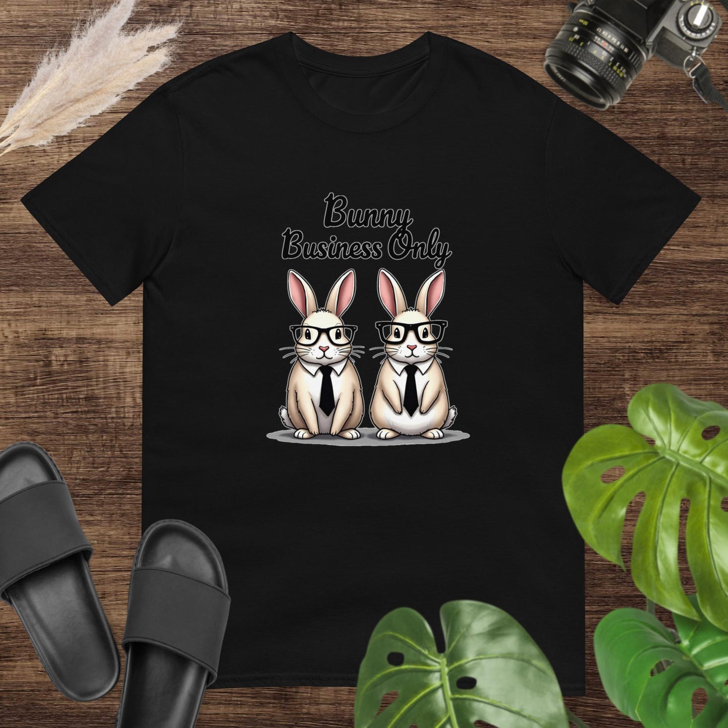 Funny black t-shirt featuring two bunnies with glasses with the text Bunny business only.
