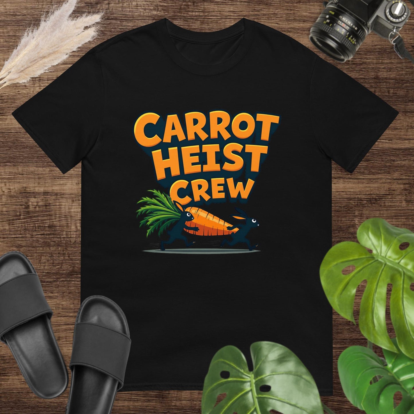 Funny carrot heist crew black t-shirt design with two running rabbits holding a giant carrot