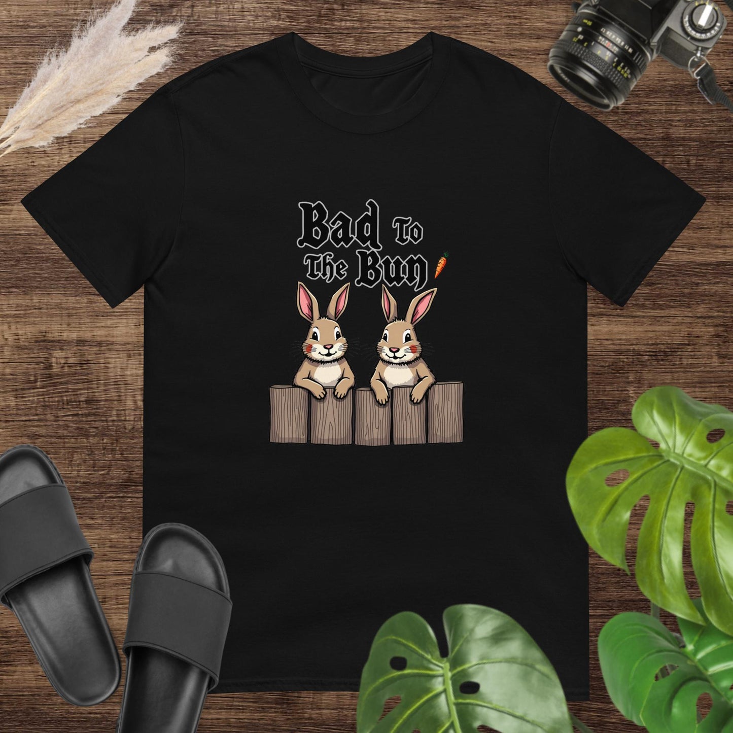 Funny bad to the bun black t-shirt design with 2 rabbits on top of a fence