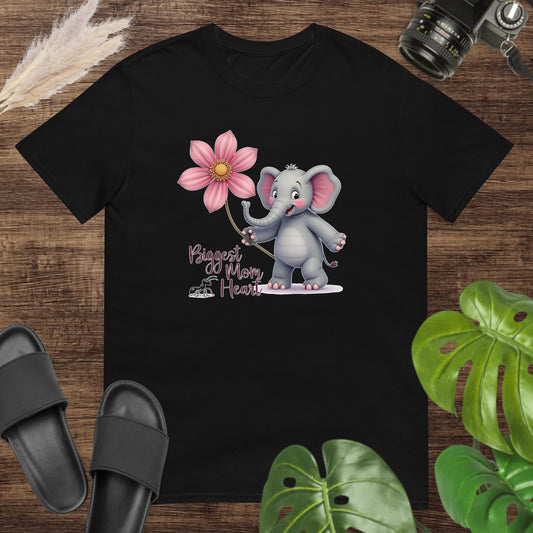 Cute biggest mom heart black t-shirt design with an elephant a big flower and an ant 