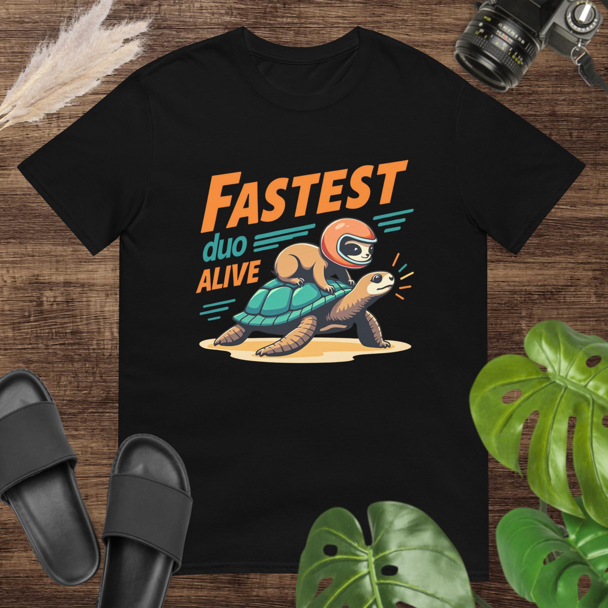 Funny fastest duo alive black t-shirt design with a sloth on a turtle