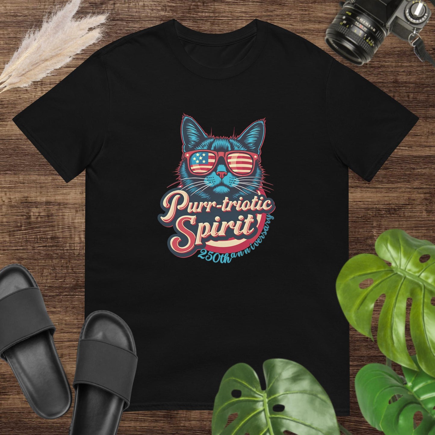 Retro cat black T-shirt with American flag sunglasses for USA 250 celebration