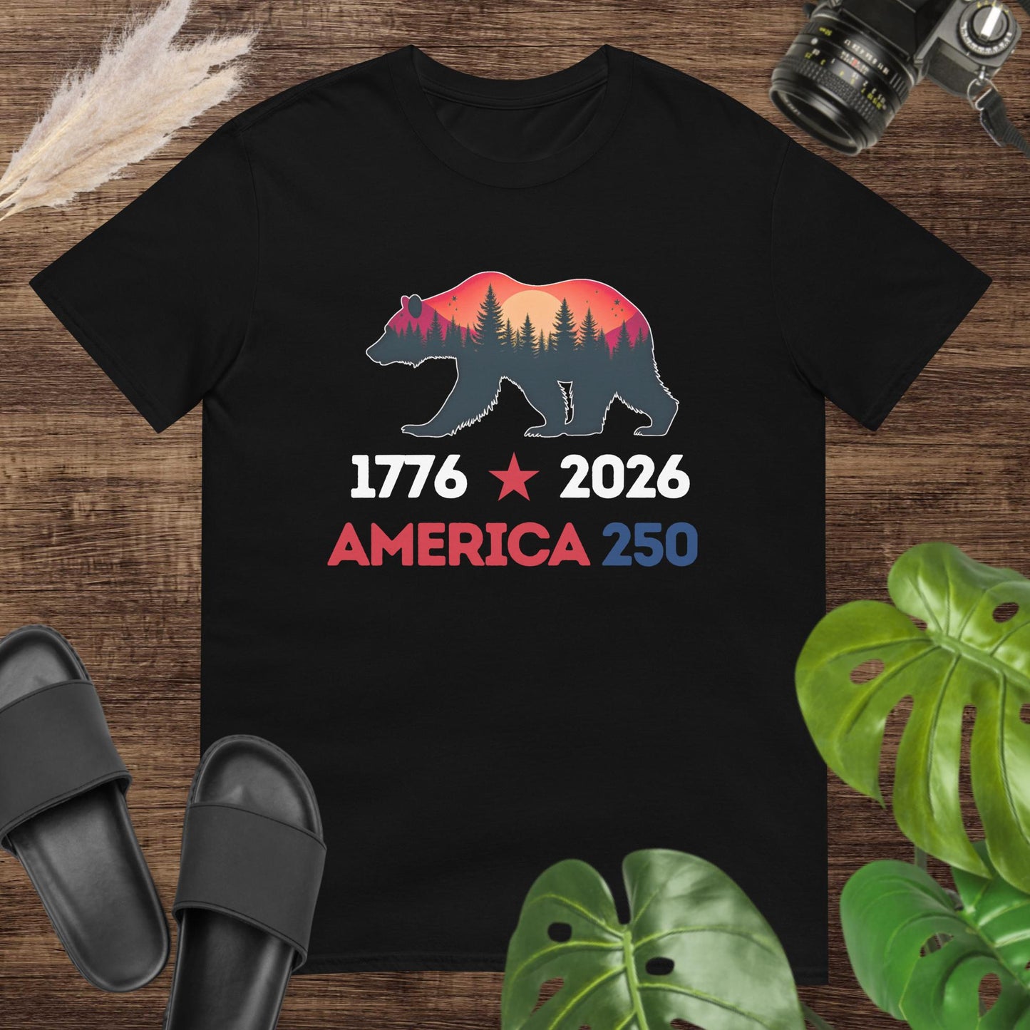 Bear silhouette black T-shirt with forest sunset design for USA 250 celebration