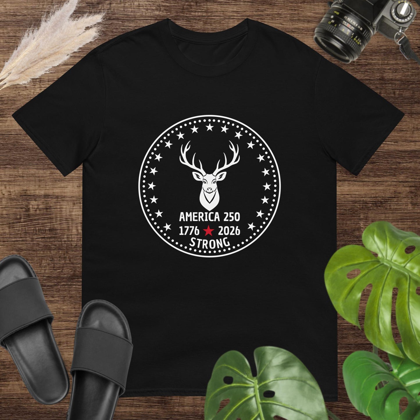 Patriotic deer black T-shirt with star border for America 250 celebration
