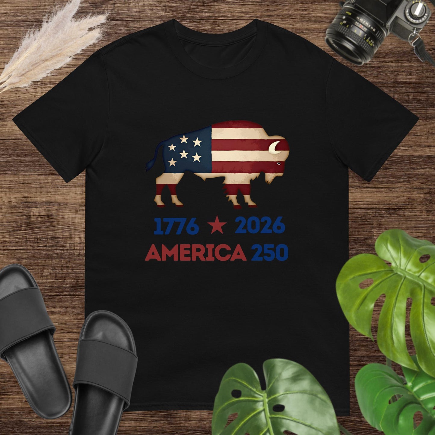 Patriotic bison on black T-shirt with American flag colors for America 250 celebration