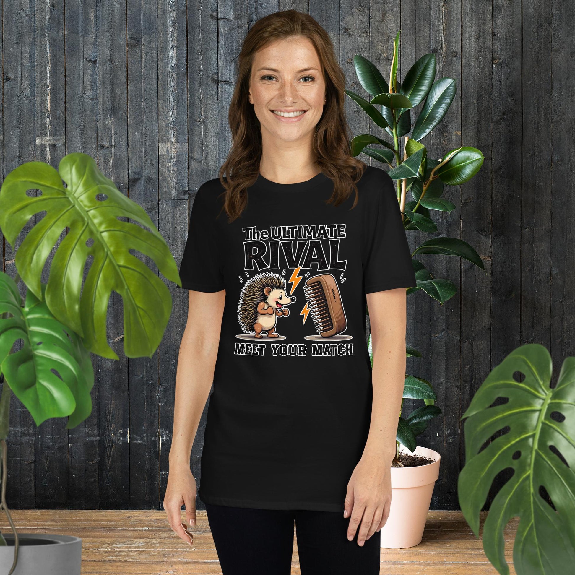 Funny hedgehog vs comb graphic tee, unisex t-shirt for pet lovers with 'The Ultimate Rival' design