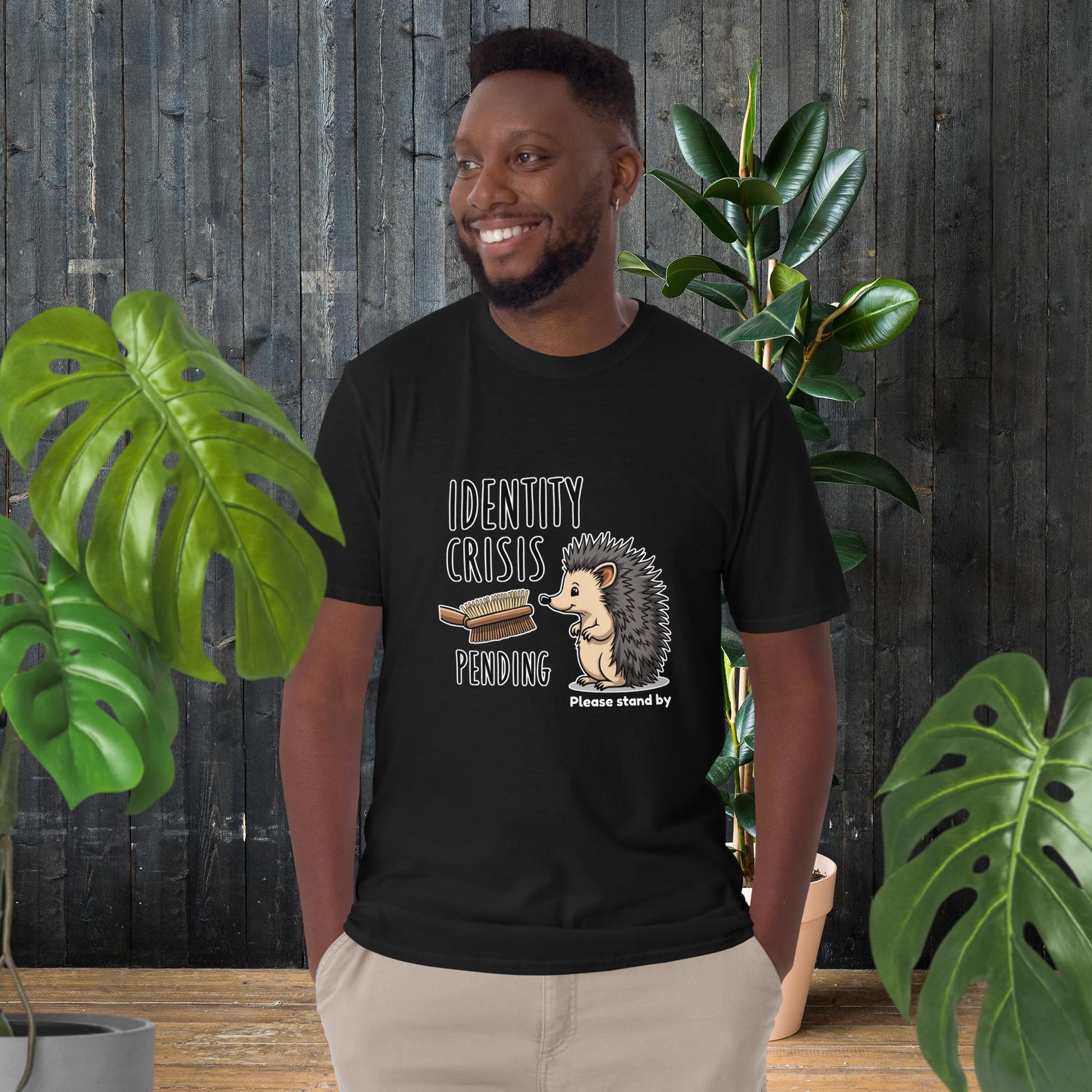 Funny hedgehog graphic tee with 'Identity Crisis Pending' text, unisex soft cotton t-shirt for animal lovers