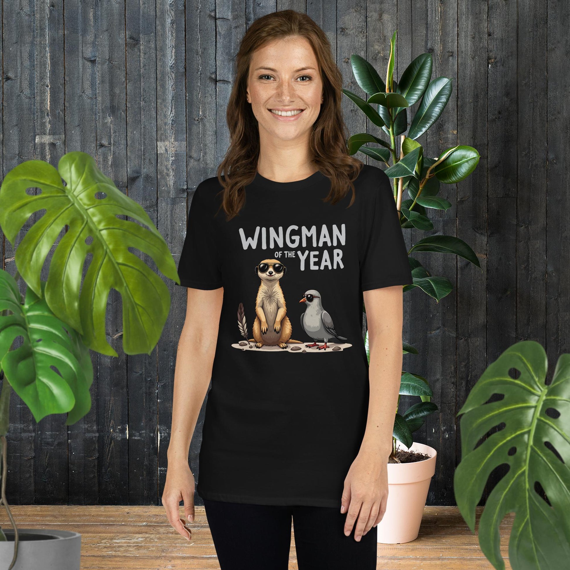 Wingman of the Year t-shirt with meerkat and bird graphic, funny animal duo design