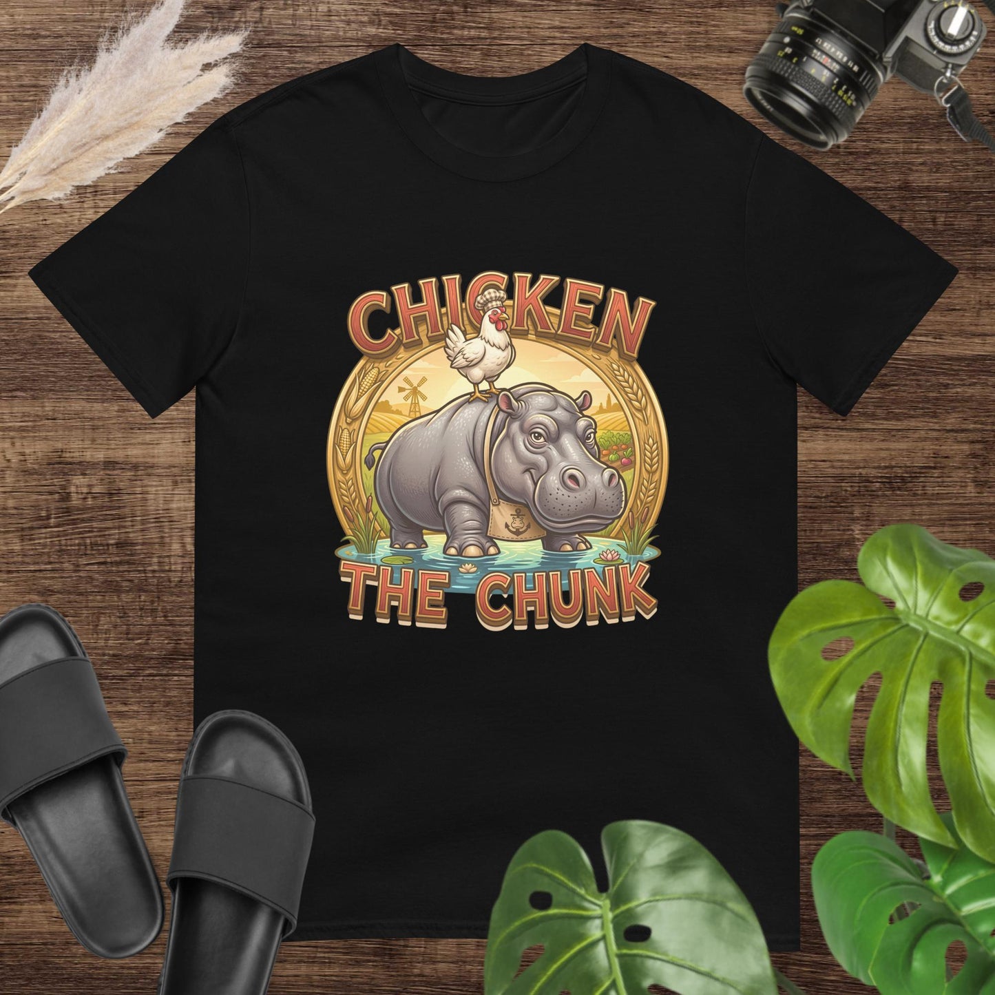 Funny unisex black tee with chicken on hippo graphic, 100% ring-spun cotton, great gift for pet lovers