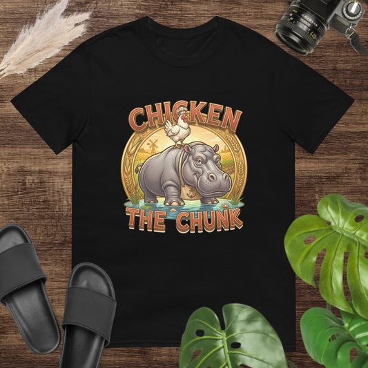 Funny unisex black tee with chicken on hippo graphic, 100% ring-spun cotton, great gift for pet lovers