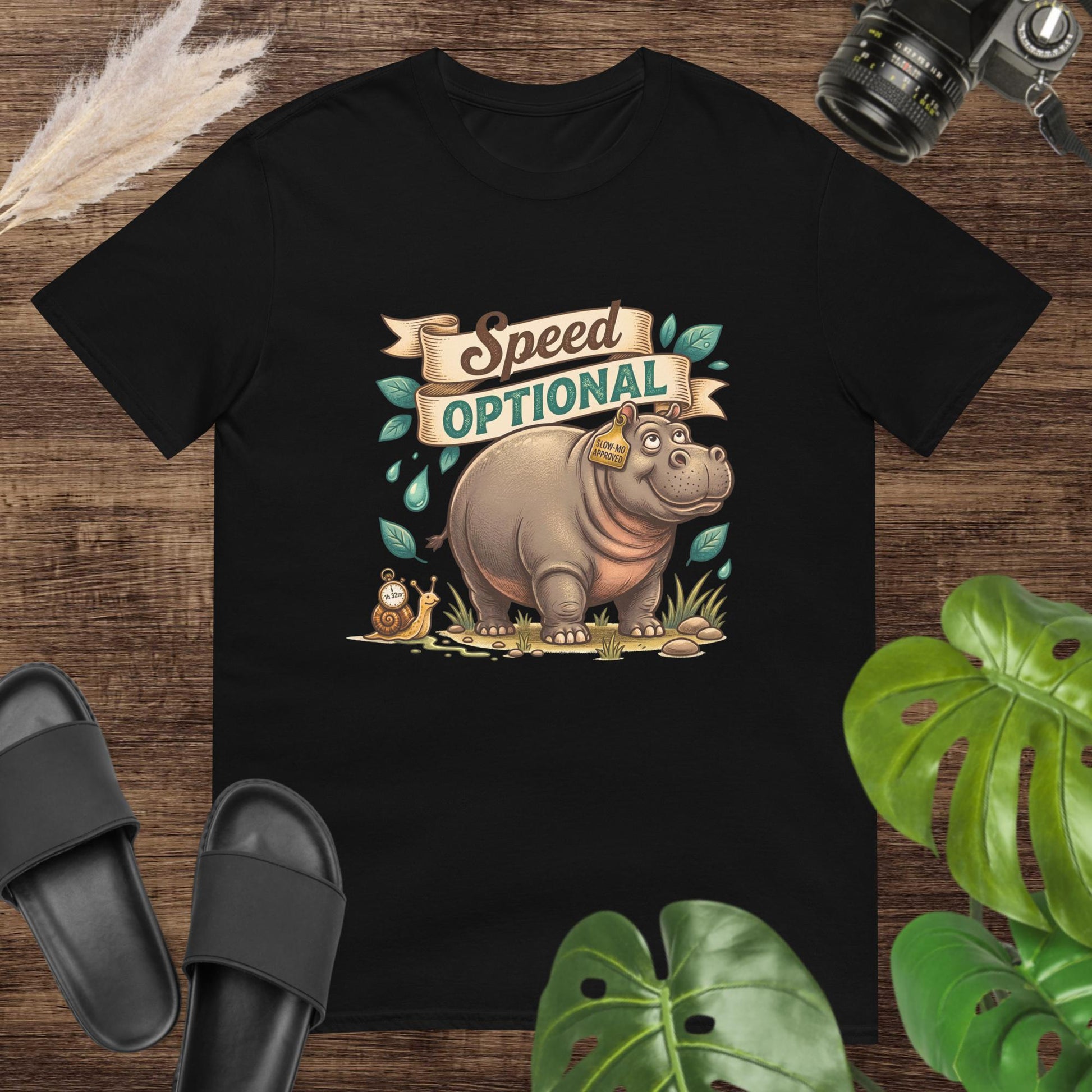 Unisex black t-shirt featuring a hippo and snail with the text Speed Is Optional.