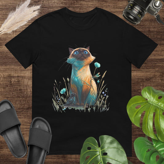 Unisex t-shirt featuring a colorful hand-drawn cat looking up at a small bird.