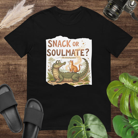 Unisex white t-shirt featuring a crocodile and cat with the text Snack or Soulmate?
