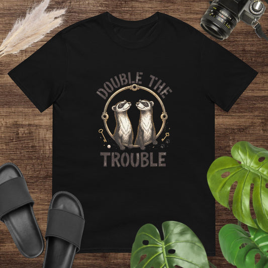 Unisex black t-shirt featuring two ferret inside a circle with the text Double the Trouble.