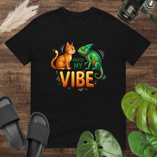 Unisex black t-shirt featuring a cat and chameleon with the text Match My Vibe.