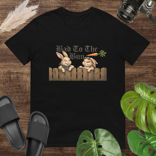 Funny bad to the bun black t-shirt design with 2 rabbits on top of a fence