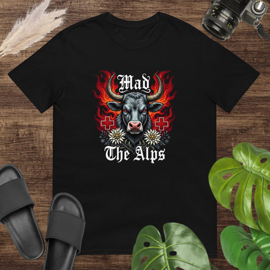 Fierce grey bull with flames, Swiss cross and edelweiss design