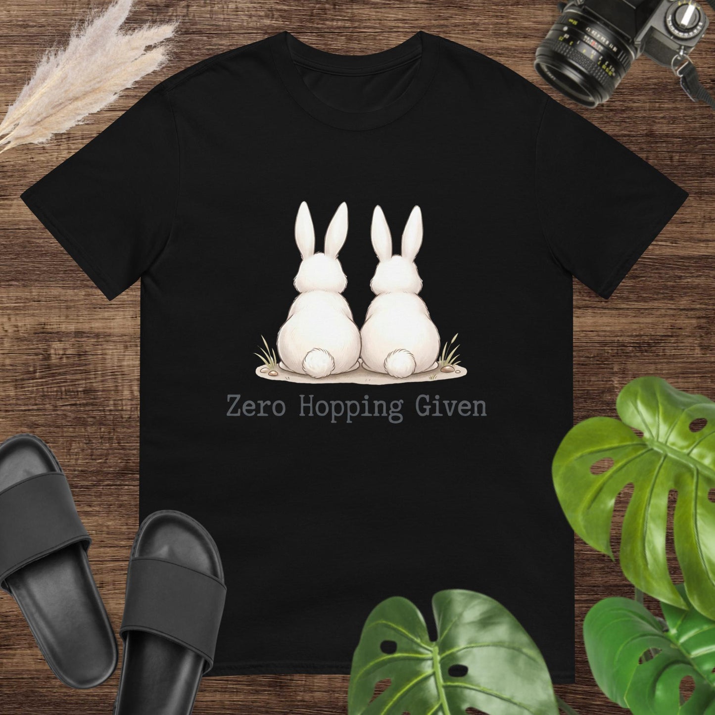 Cute and sassy zero hopping given white t-shirt design with a rabbit duo turning their back