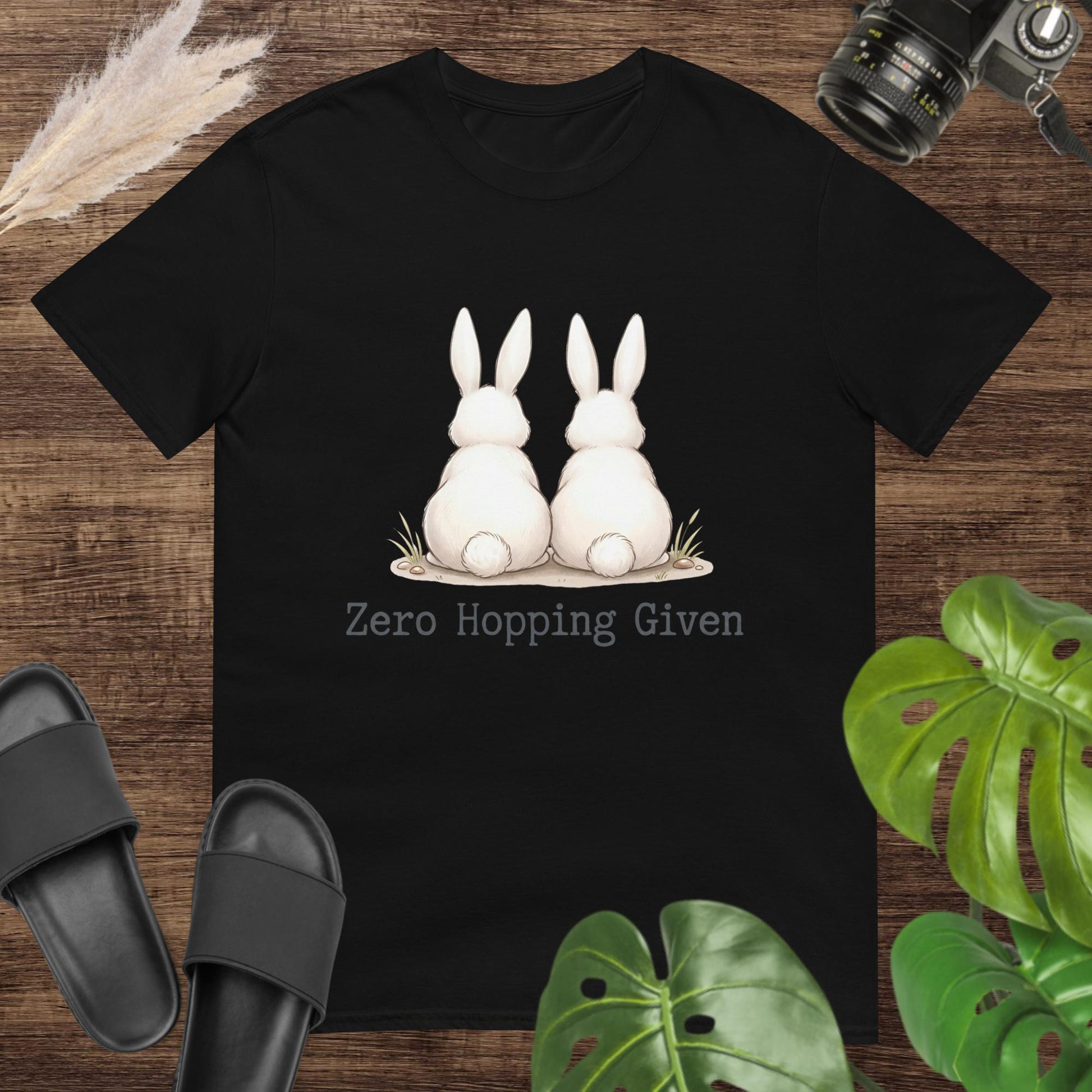 Cute and sassy zero hopping given white t-shirt design with a rabbit duo turning their back