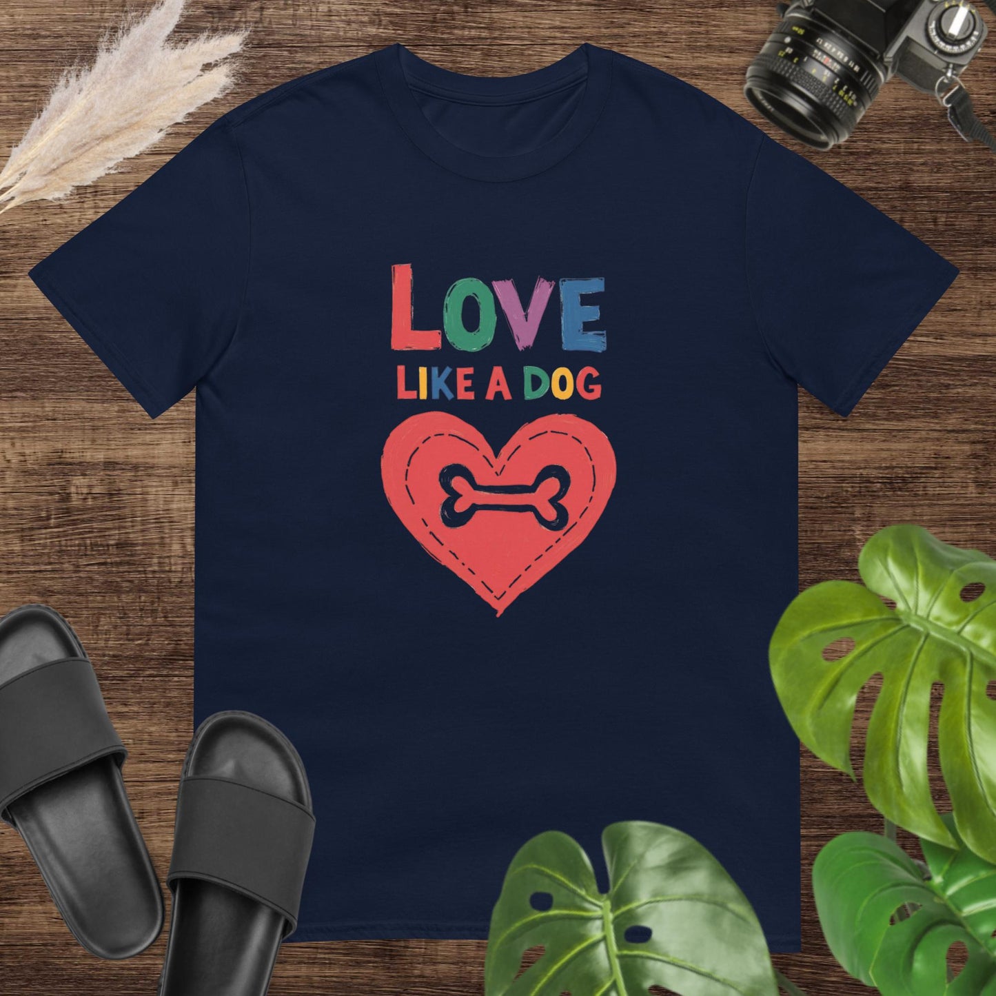 Navy t-shirt featuring a colorful heart and bone graphic with the text "Love like a dog"