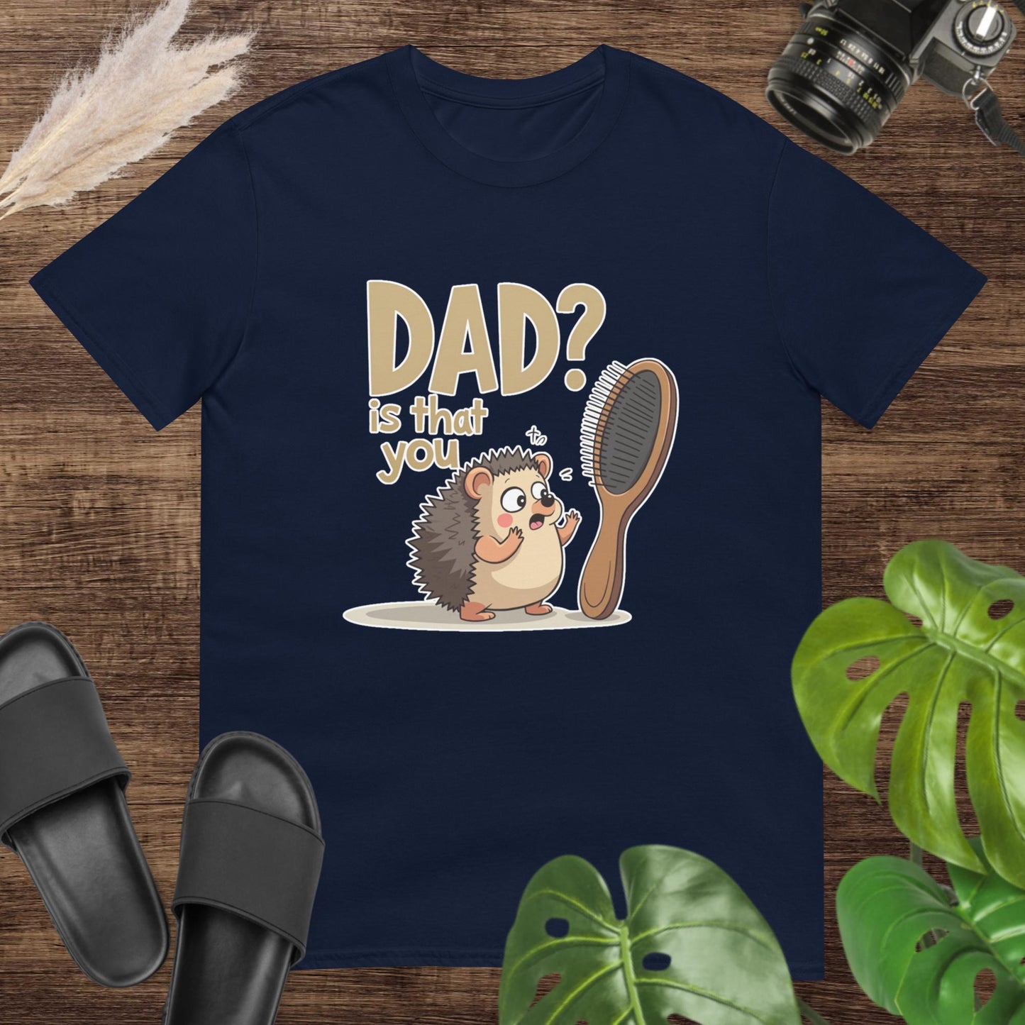 Cute navy t-shirt featuring a cartoon hedgehog beside a hairbrush and text "Dad? is that you"