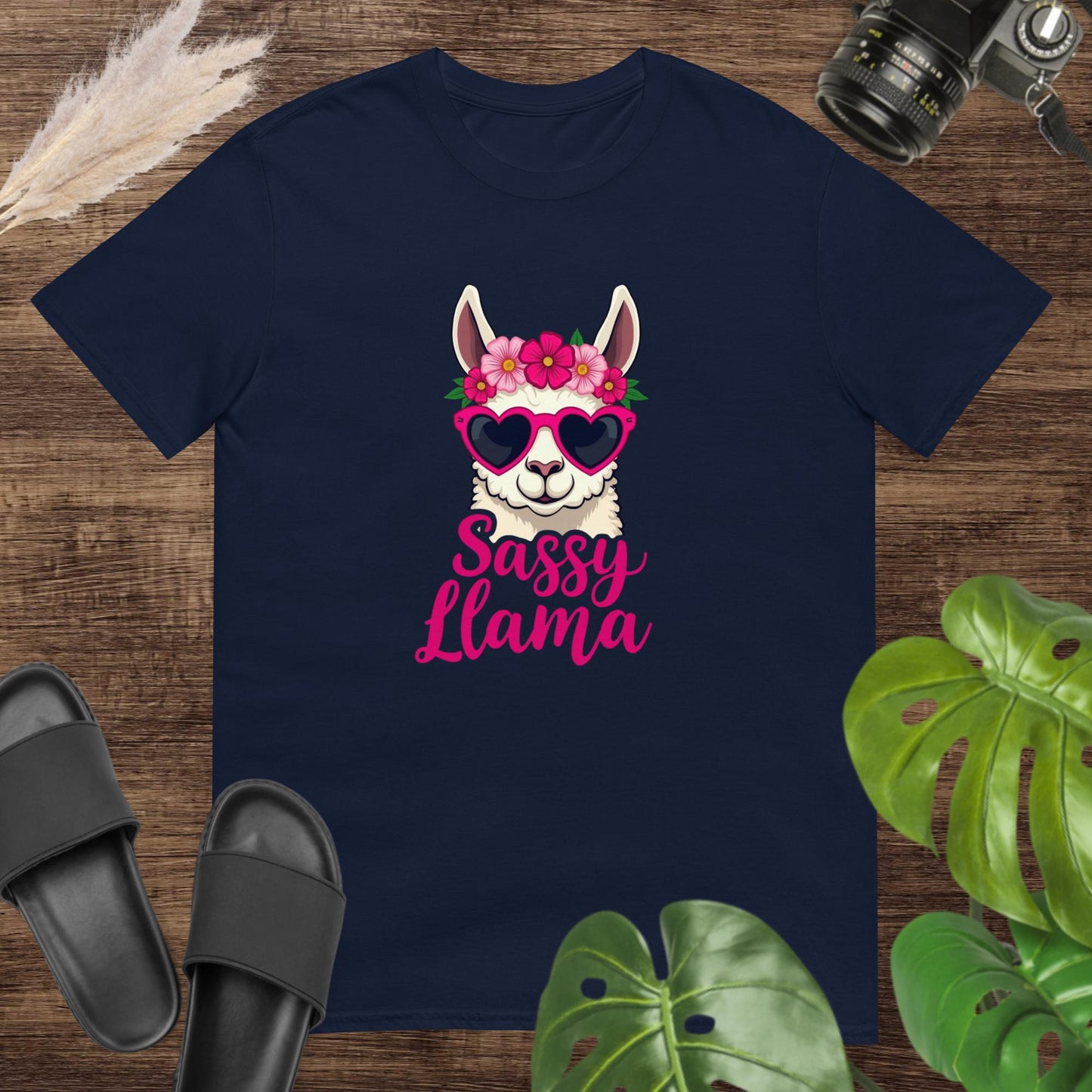 Navy t-shirt featuring a llama with heart sunglasses and a flower crown with the words “Sassy Llama.”