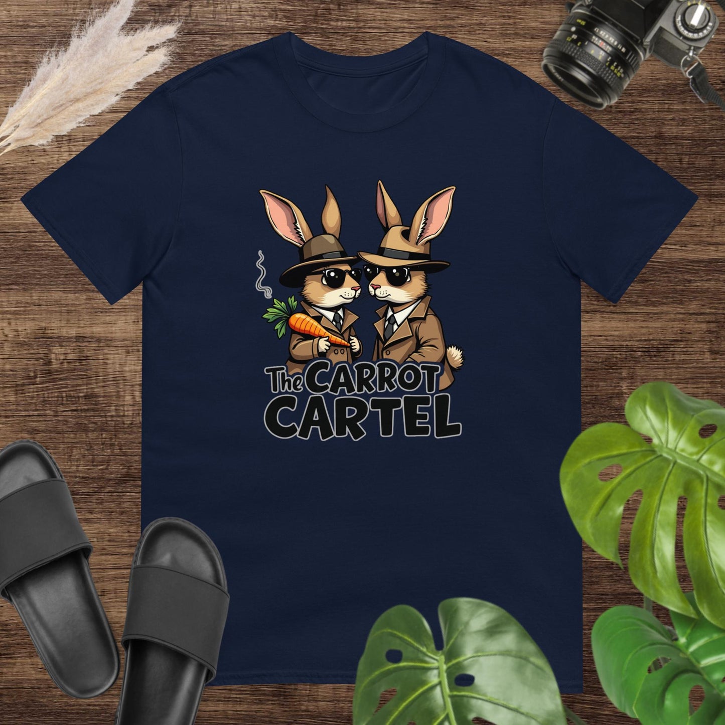 Navy t-shirt featuring two funny rabbit detectives with a steamed carrot and text The carrot cartel