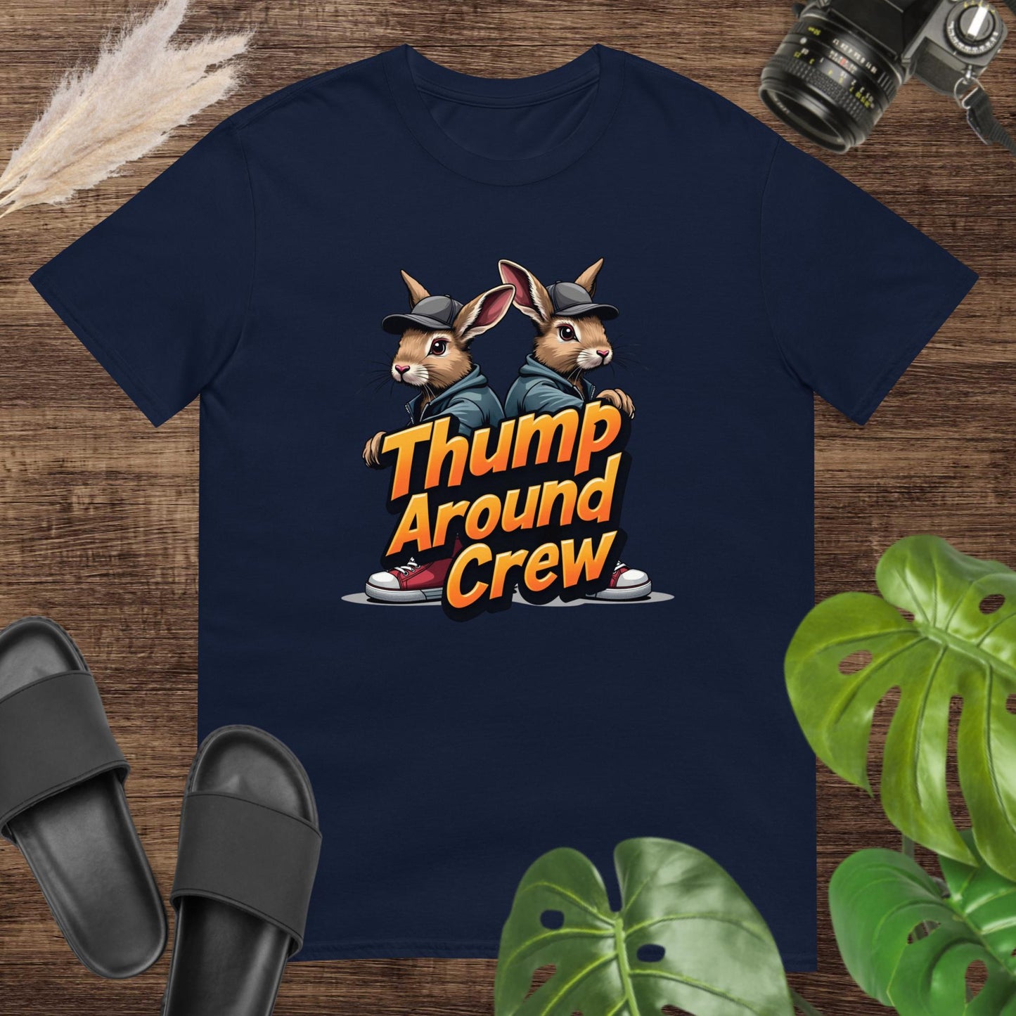 Streetware navy t-shirt featuring two dressed bunnies and the text thump around crew