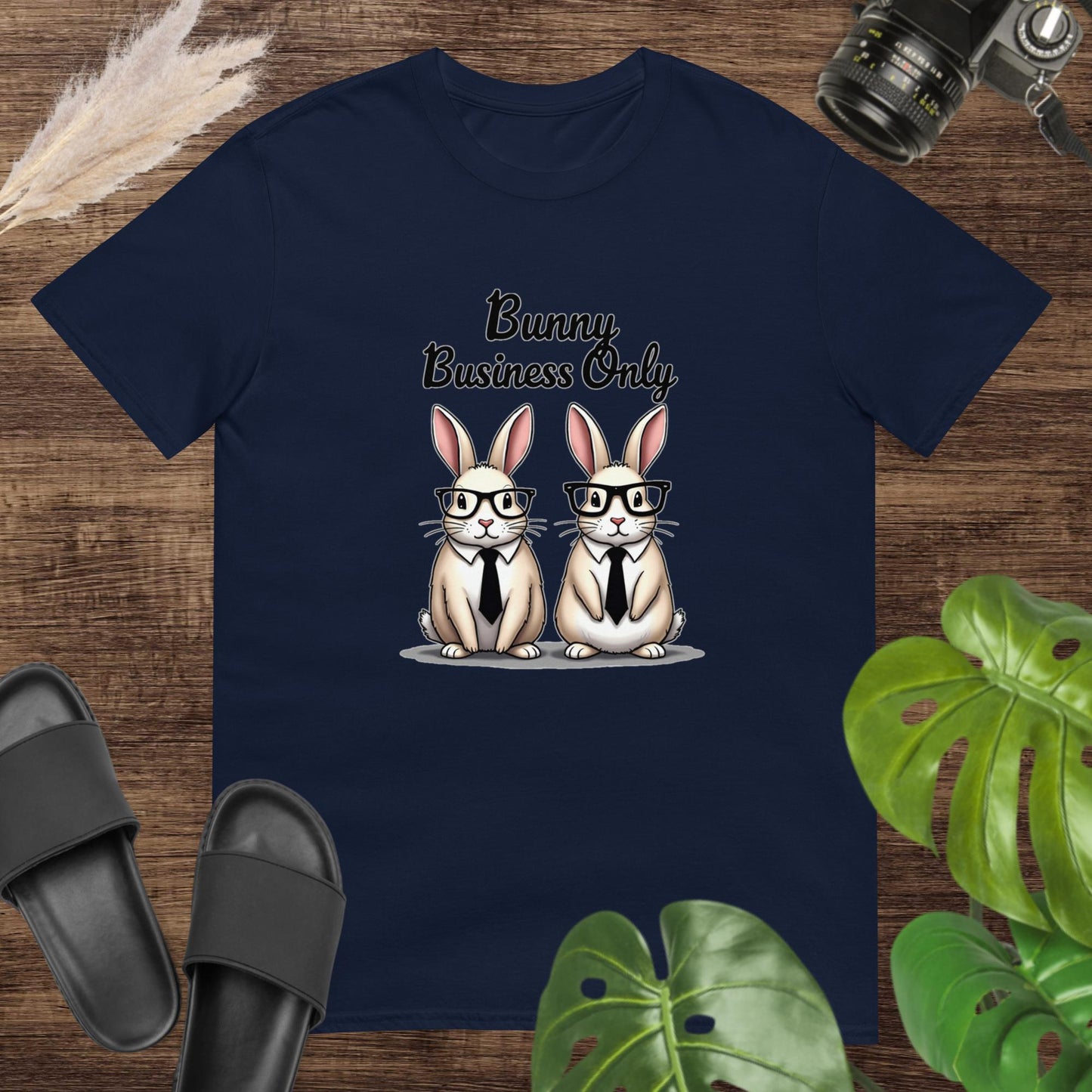 Funny navy t-shirt featuring two bunnies with glasses with the text Bunny business only.