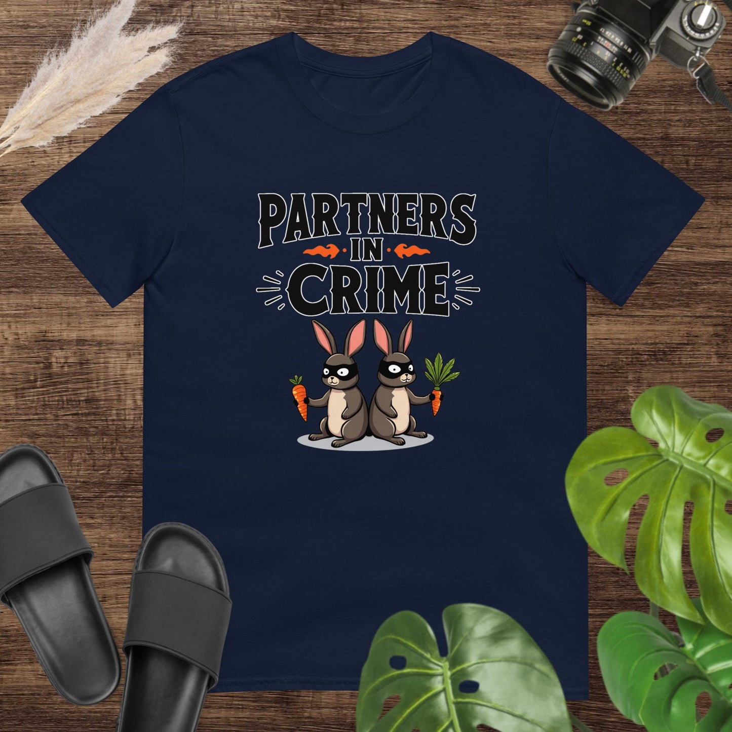 Funny partners in crime navy t-shirt design with 2 masked rabbits holding carrots