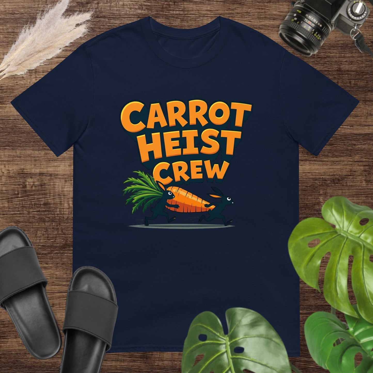 Funny carrot heist crew navy t-shirt design with two running rabbits holding a giant carrot