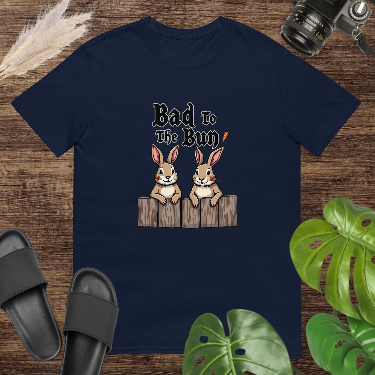 Funny bad to the bun navy t-shirt design with 2 rabbits on top of a fence