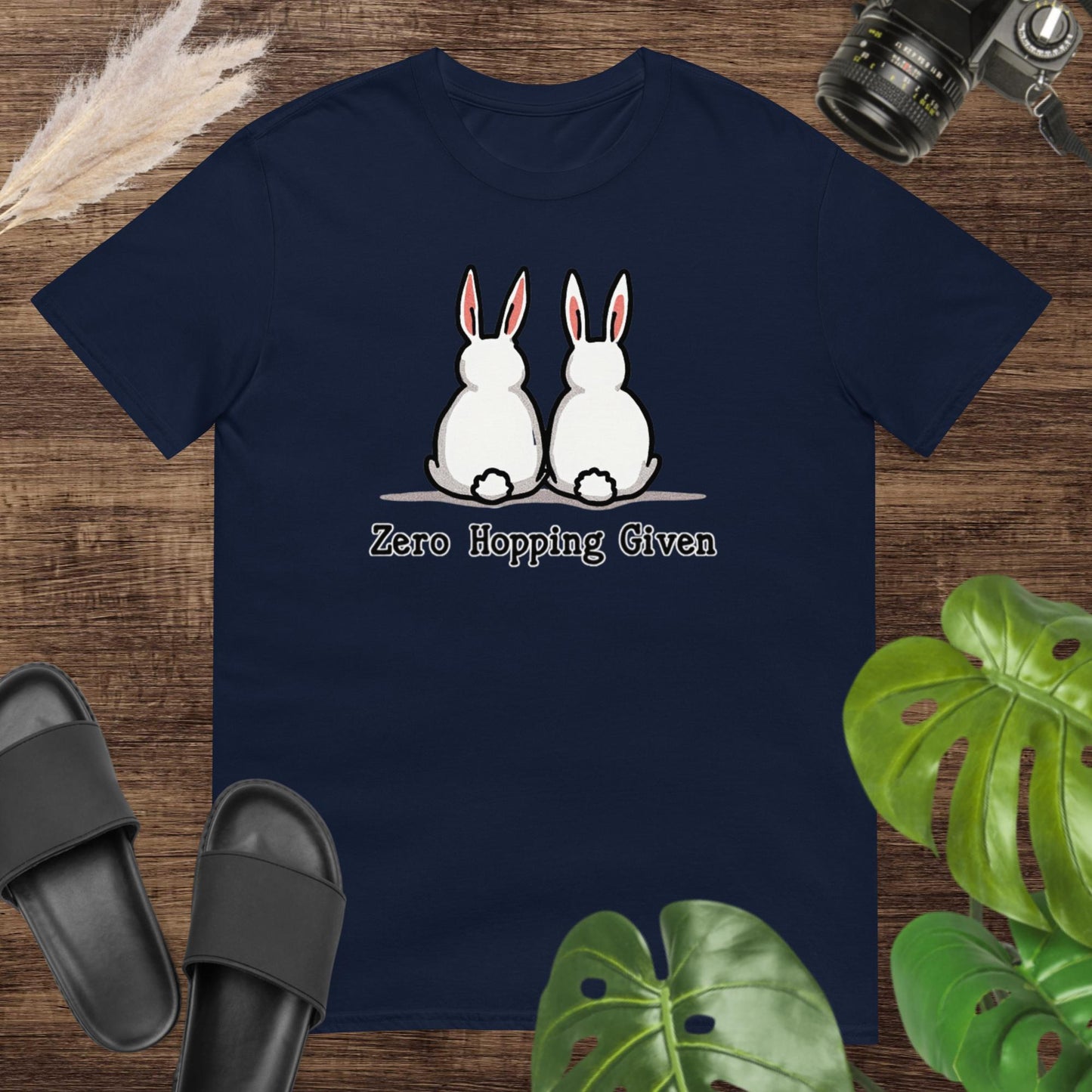 Cute and sassy zero hopping given navy t-shirt design with a rabbit duo turning their back