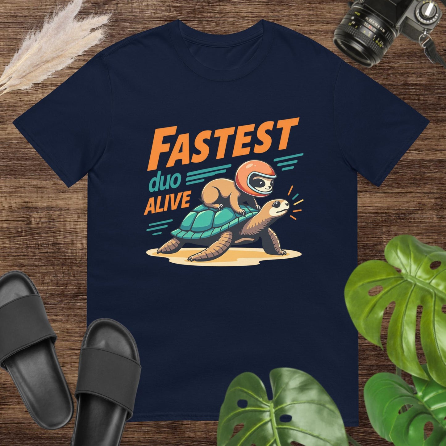 Funny fastest duo alive navy t-shirt design with a sloth on a turtle