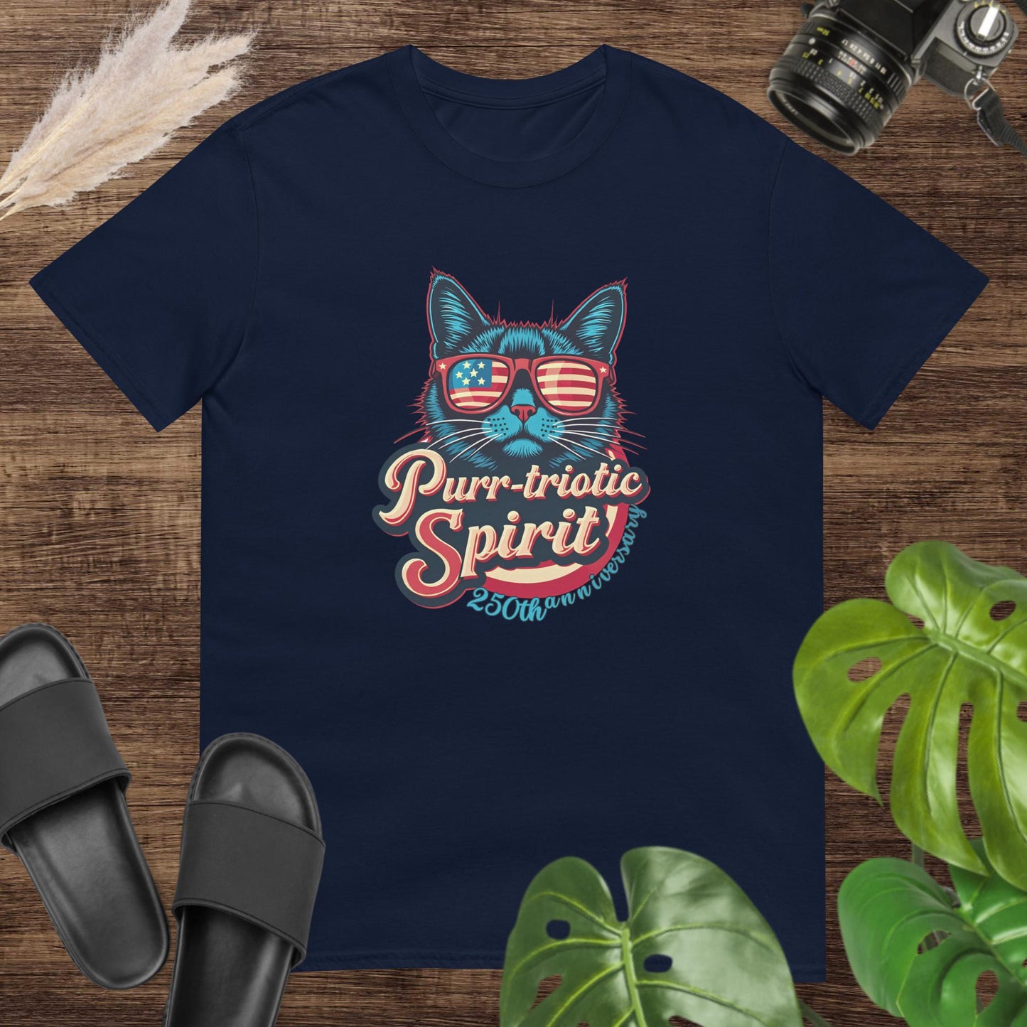 Retro cat navy T-shirt with American flag sunglasses for USA 250 celebration