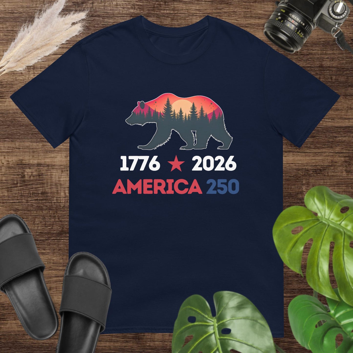 Bear silhouette navy T-shirt with forest sunset design for USA 250 celebration