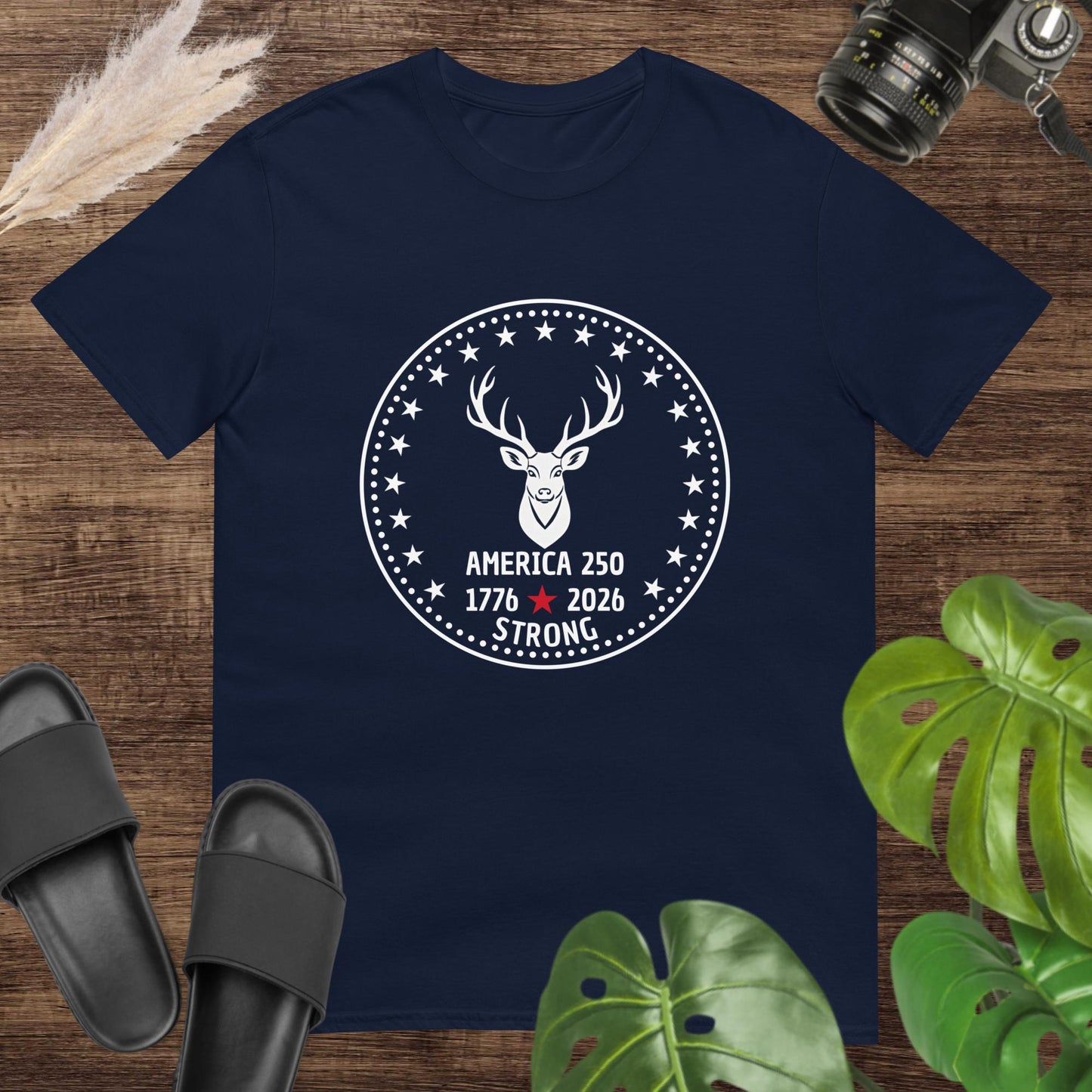 Patriotic deer navy T-shirt with star border for America 250 celebration